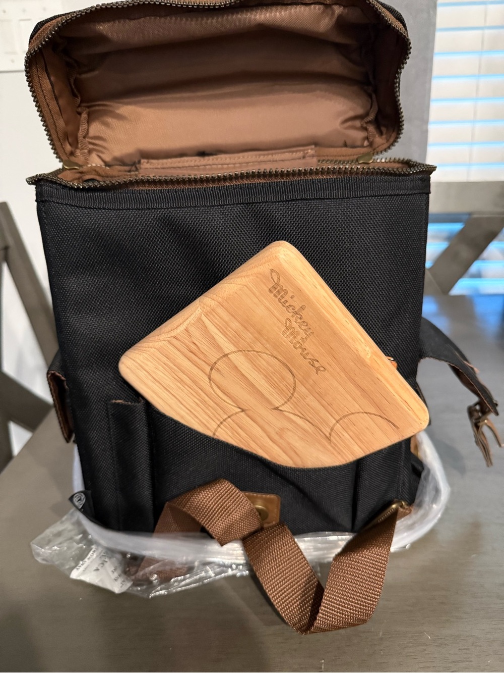 Unisex Black Canvas Shoulder Bag with Brown Trim / Disney insulated bag  w board